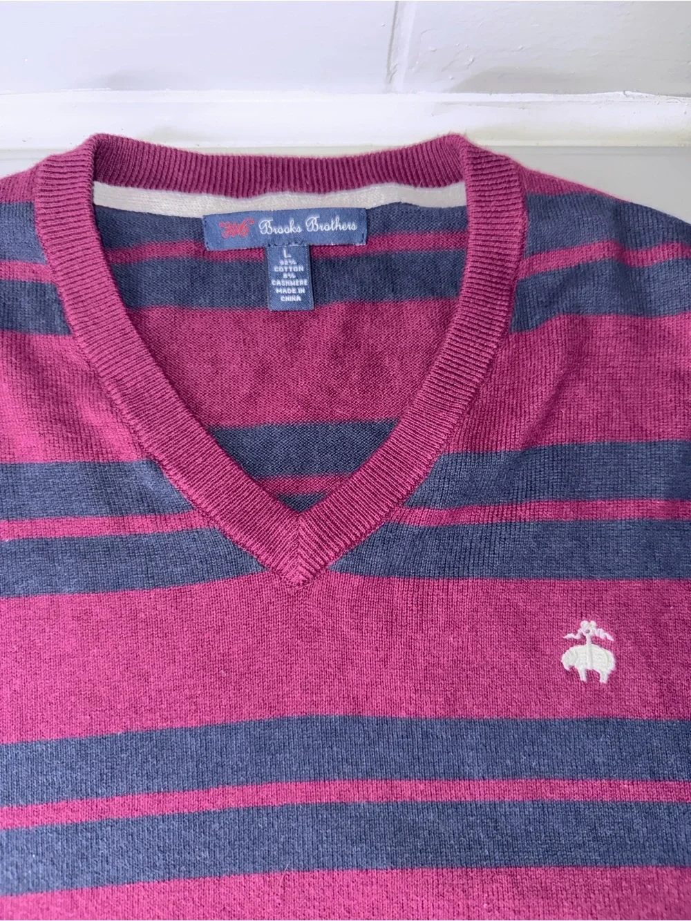 Brooks Brothers Burgundy and Charcoal Striped V-Neck Sweater
